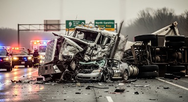 North Carolina trucking accident scene showing a severe semi-truck collision with emergency response vehicles, representing serious commercial truck injury and wrongful death claims handled by North Carolina trucking accident lawyers at Powers Law Firm