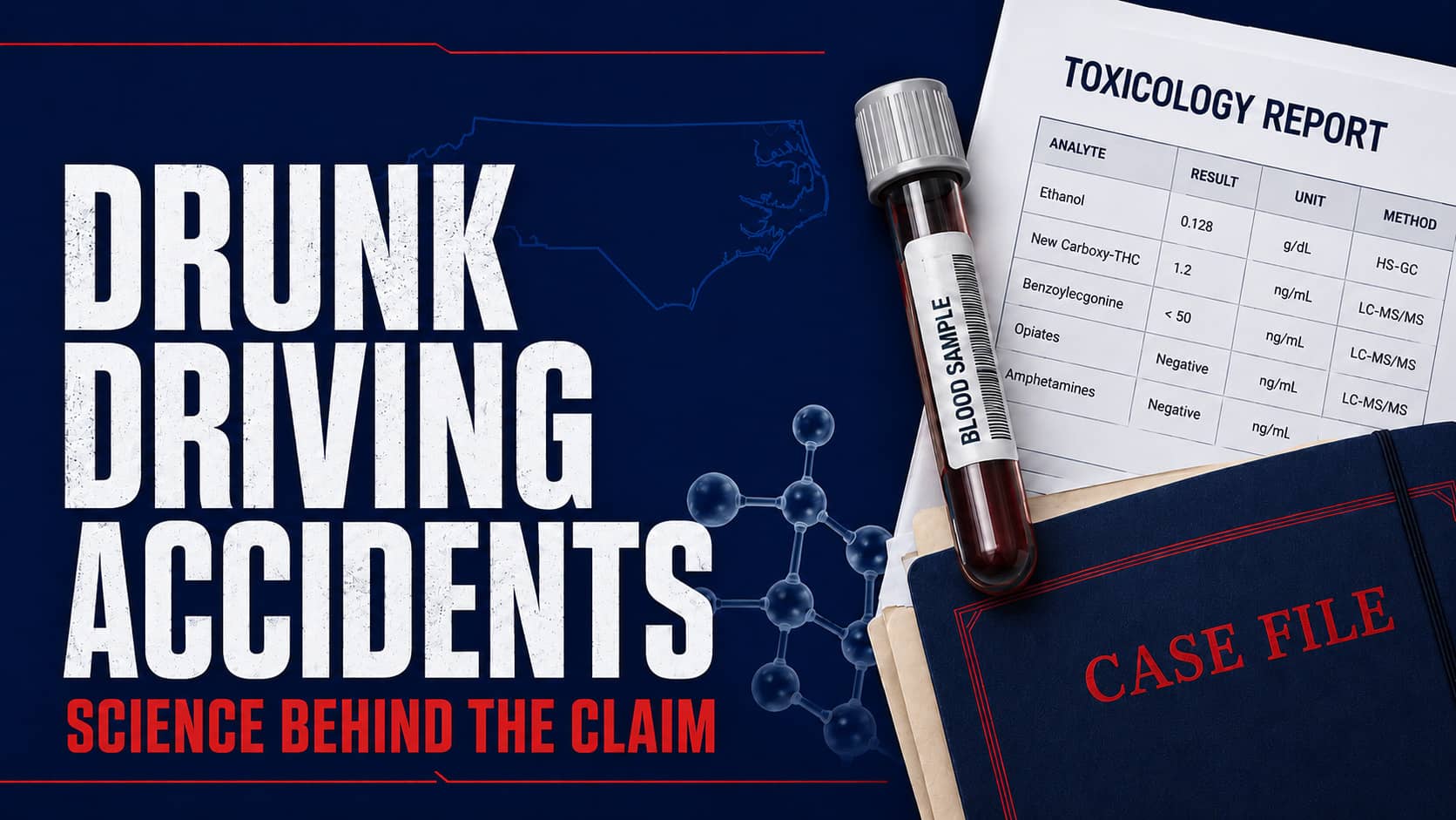 Drunk Driving Accidents graphic with a blood sample, toxicology report, case file, and North Carolina outline